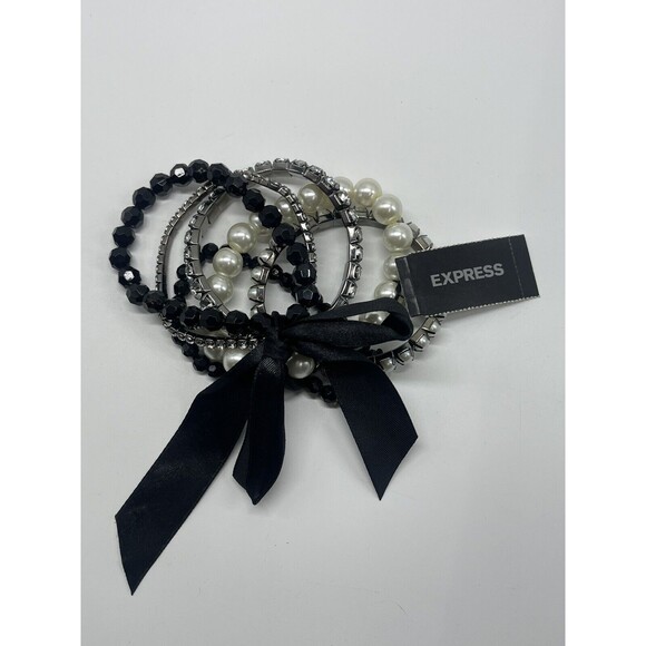 Express 6 Piece Faux Pearl Rhinestone Beaded Stretch Bracelet Set New - Picture 1 of 5